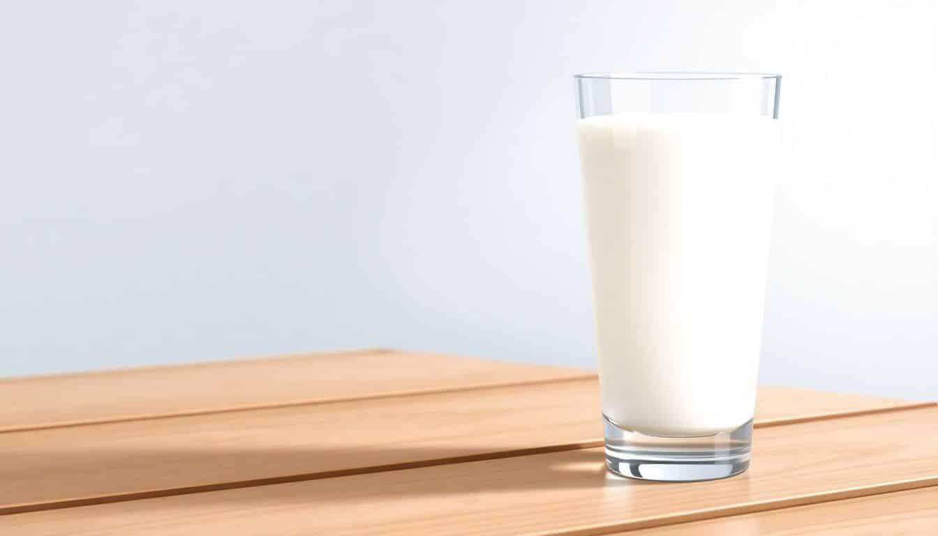 Vaso de leche sobre mesa de madera
